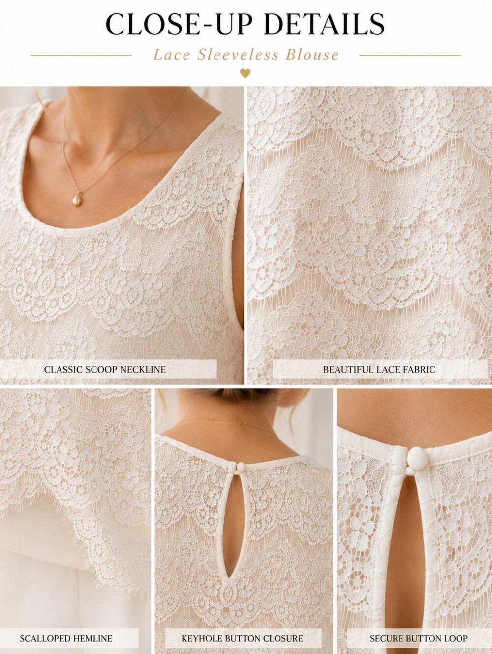 Faith & Joy Ivory Lined Lace Sleeveless Blouse Size XL | Romantic Feminine Top - Picture 4 of 10